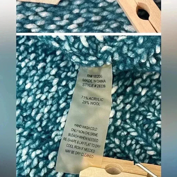 Soft Surroundings Women's Teal 1/4 Zip Aran Cable Knit Sweater Size M Wool Blend - Picture 10 of 10